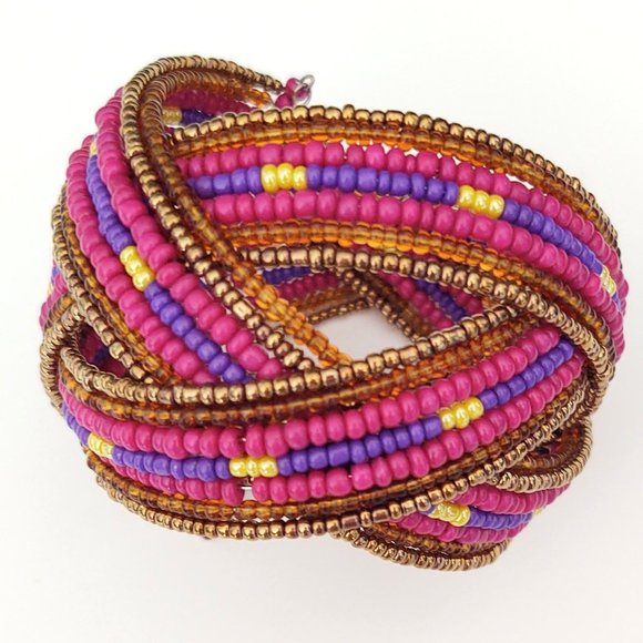 Purple, pink, yellow and metallic seed bead cuff - Picture 11 of 11